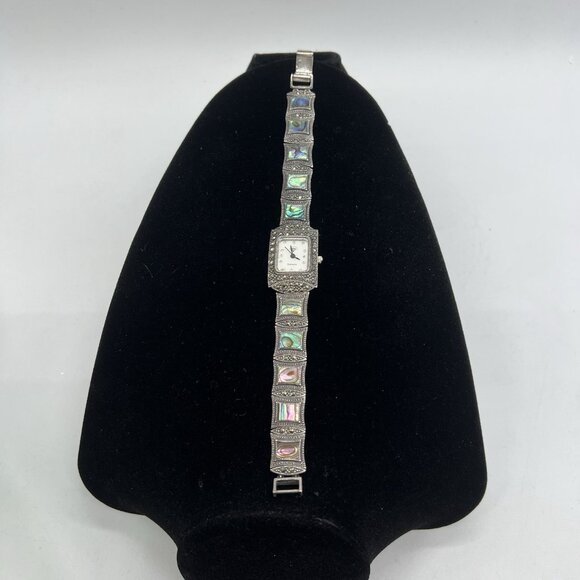 Vintage DBJ 925 Sterling Marcasite Abalone Bracelet Watch Art Deco Quartz Works main image 7